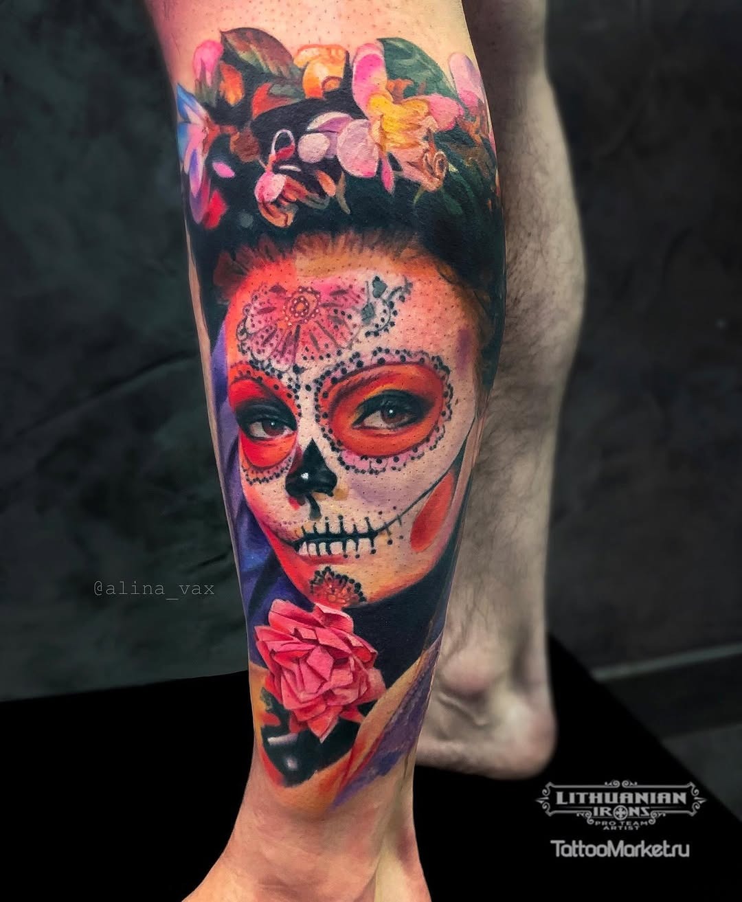 Vibrant Santa Muerte Tattoo Featuring Sugar Skull Tattoo Design