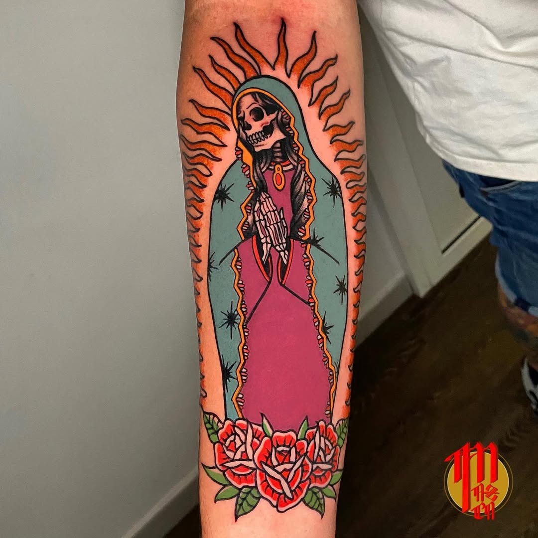 Vibrant Santa Muerte Tattoo with Roses Tattoo Design