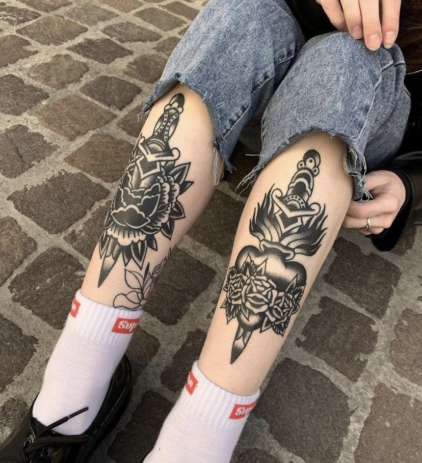 Dagger and Rose Traditional Shin Tattoo Tattoo Design