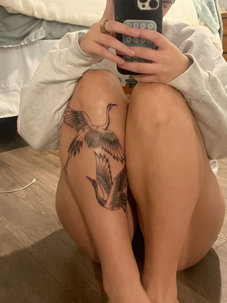 Flying Cranes Feminine Shin Tattoo Tattoo Design