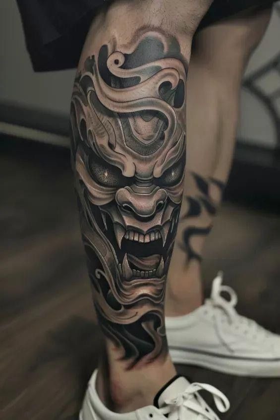 Japanese Oni Mask Shin Sleeve Tattoo Design