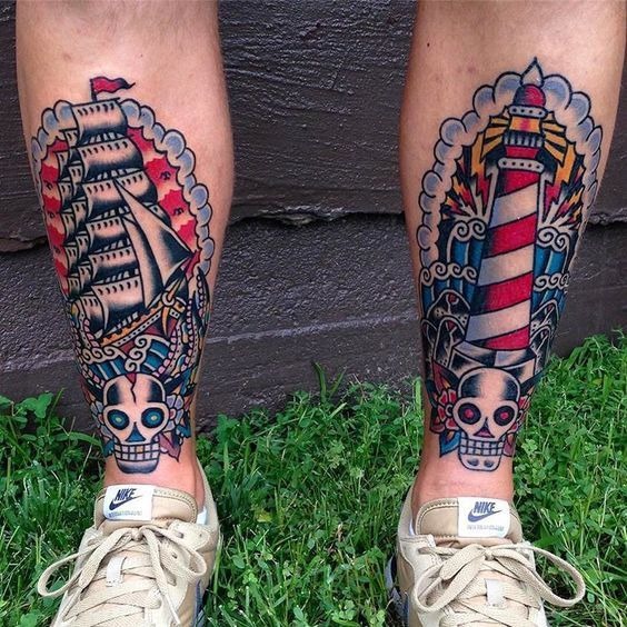 Lighthouse and Ship Traditional Pair Tattoo Design