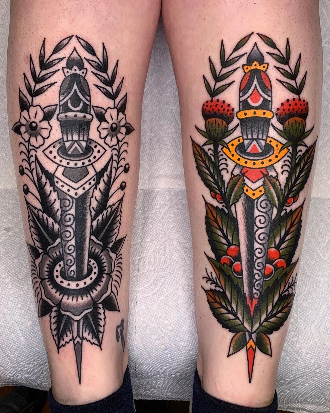 Matching Traditional Dagger Pair Tattoo Design