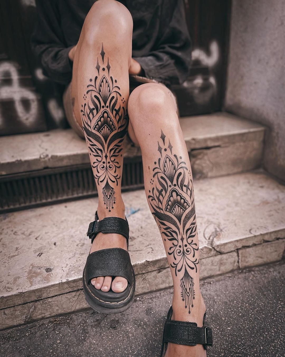 Ornamental Symmetrical Shin Design Tattoo Design