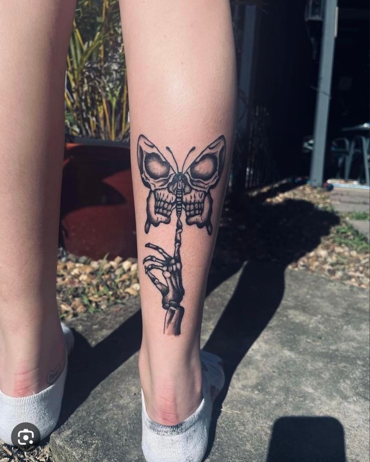 Skull Butterfly Dark Art Shin Tattoo Tattoo Design
