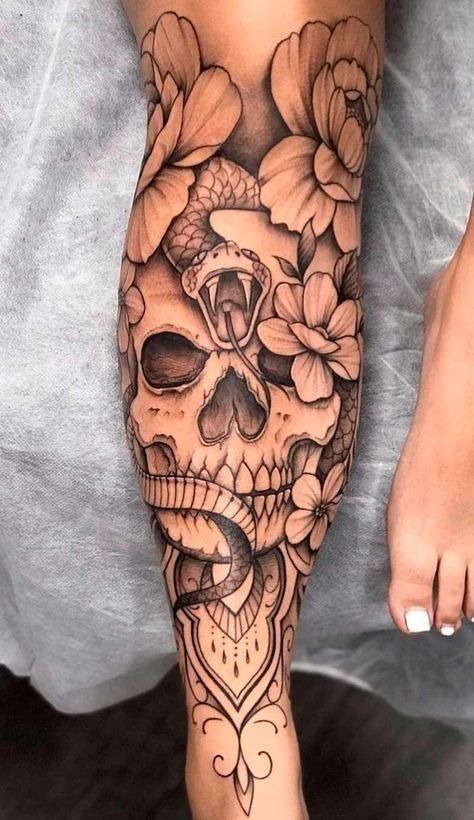 Skull, Snake, and Floral Fusion Tattoo Design