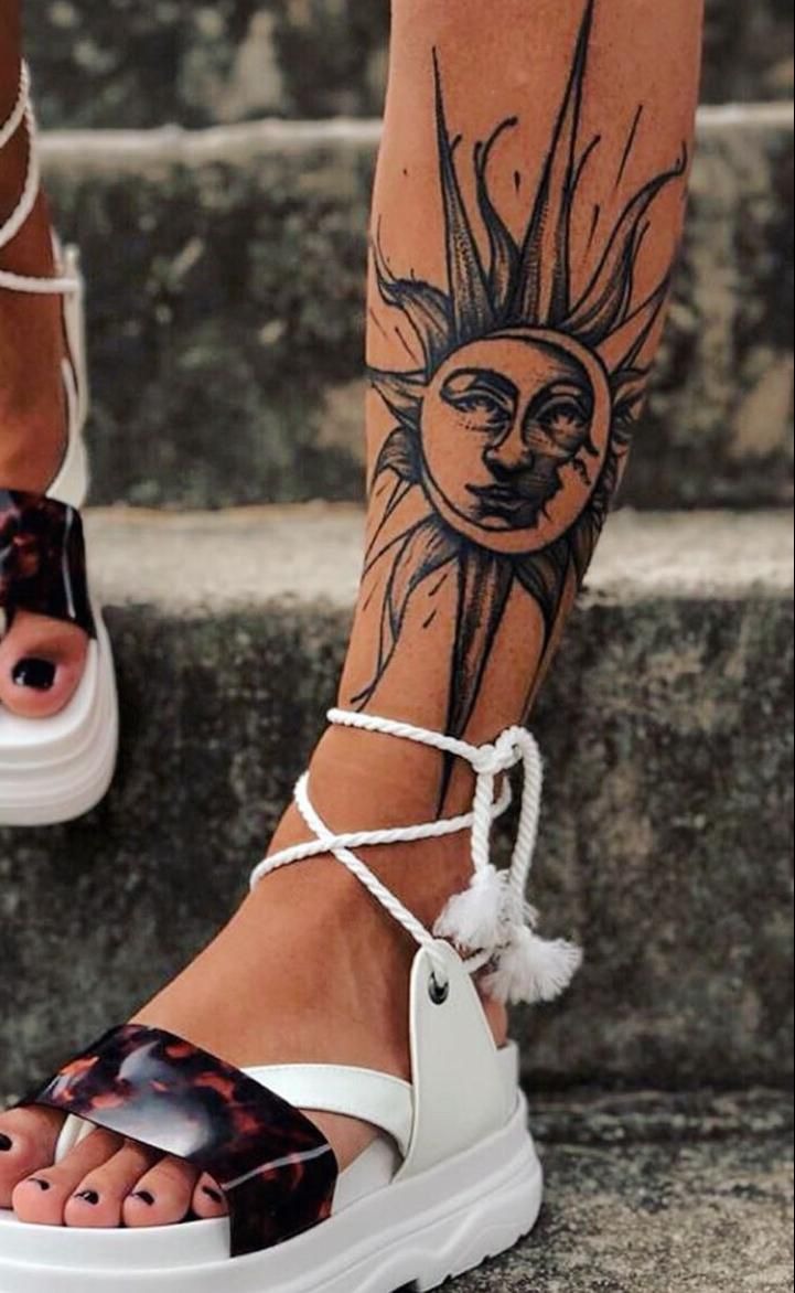 Sun Face Traditional Shin Tattoo Tattoo Design