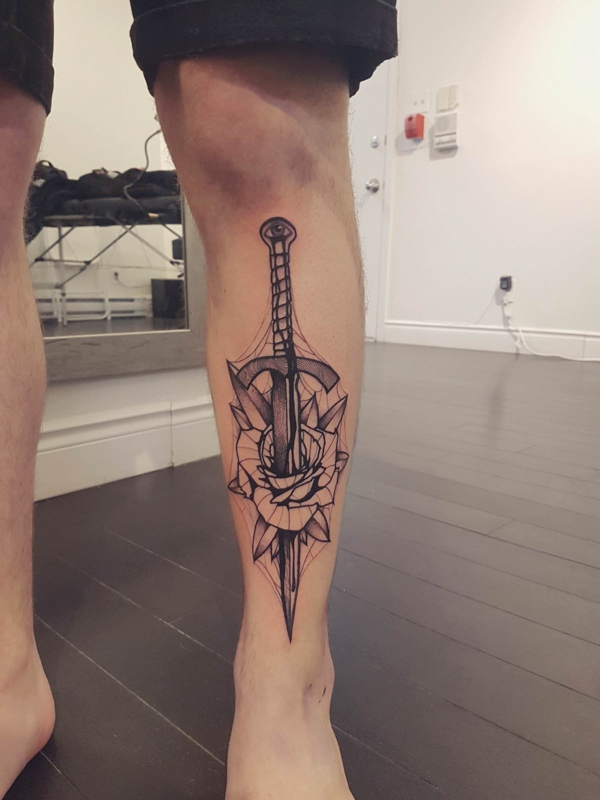 Sword and Rose Geometric Composition Tattoo Design