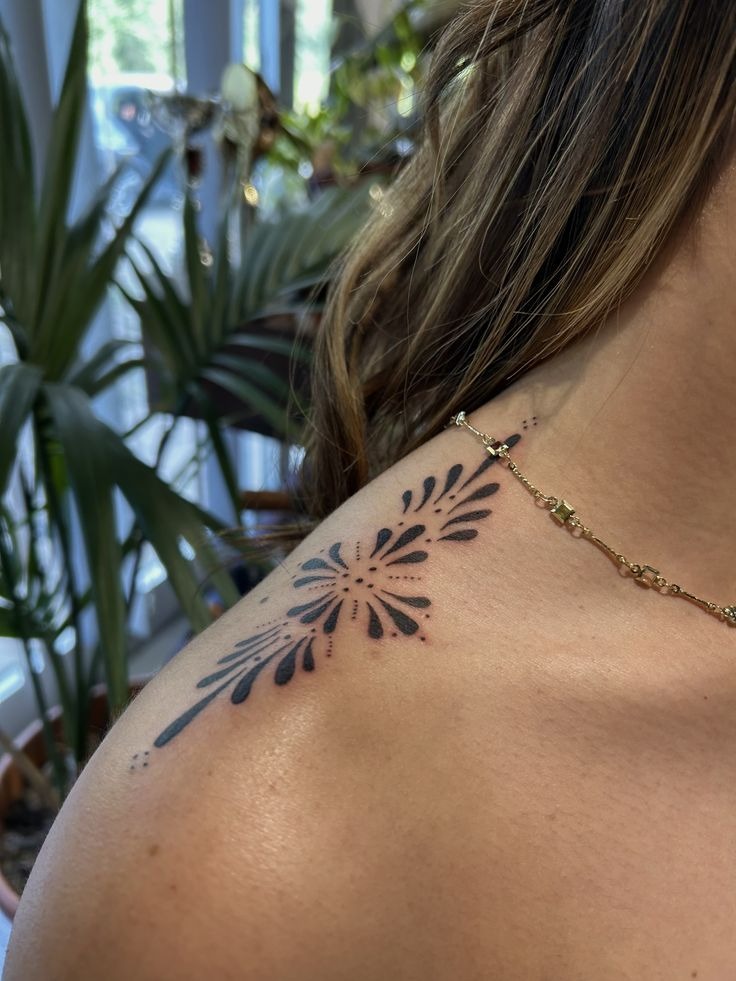 Fine Line Flower Burst Shoulder Tattoo Tattoo Design