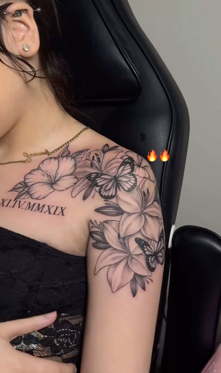 Floral Butterfly Shoulder Composition Tattoo Design