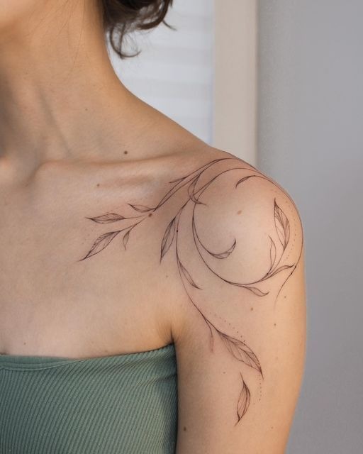 Graceful Fine Line Leaf Shoulder Tattoo Tattoo Design