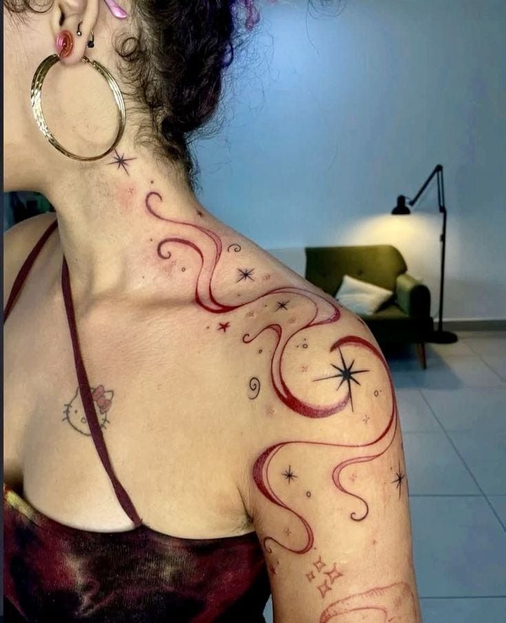 Red Swirl Star Shoulder Tattoo Tattoo Design