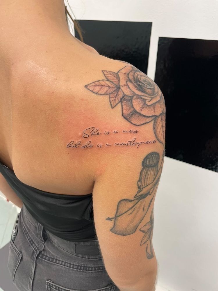 Rose and Script Shoulder Tattoo Tattoo Design