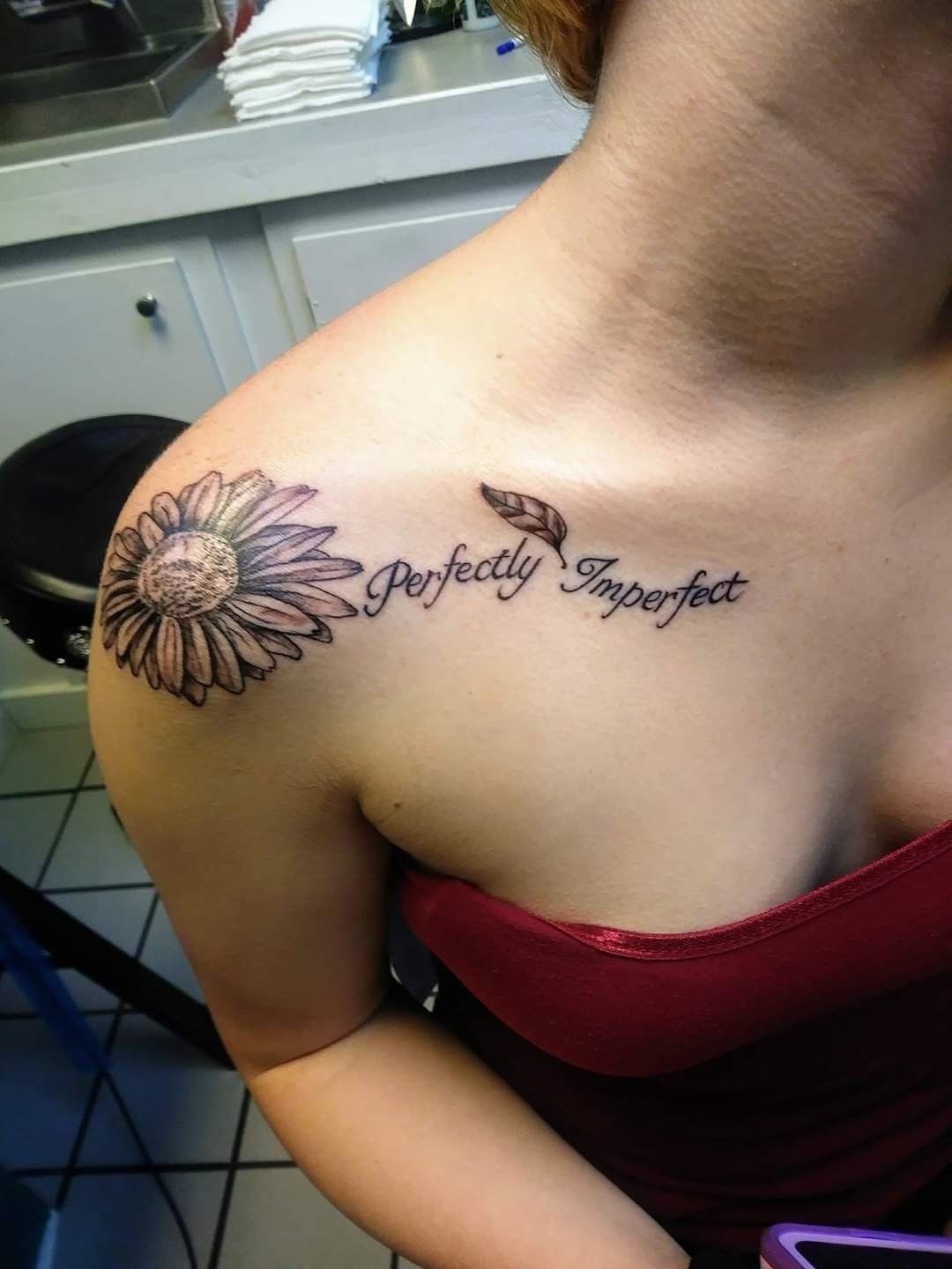 Sunflower Shoulder Tattoo with Script Tattoo Design