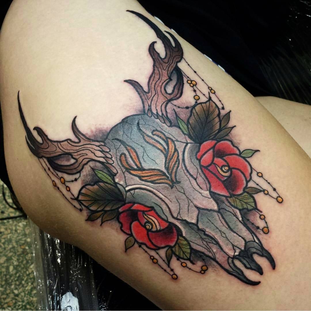 Colorful skull and rose tattoo Tattoo Design