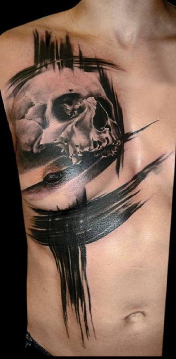 Dark skull over brush strokes on chest Tattoo Design