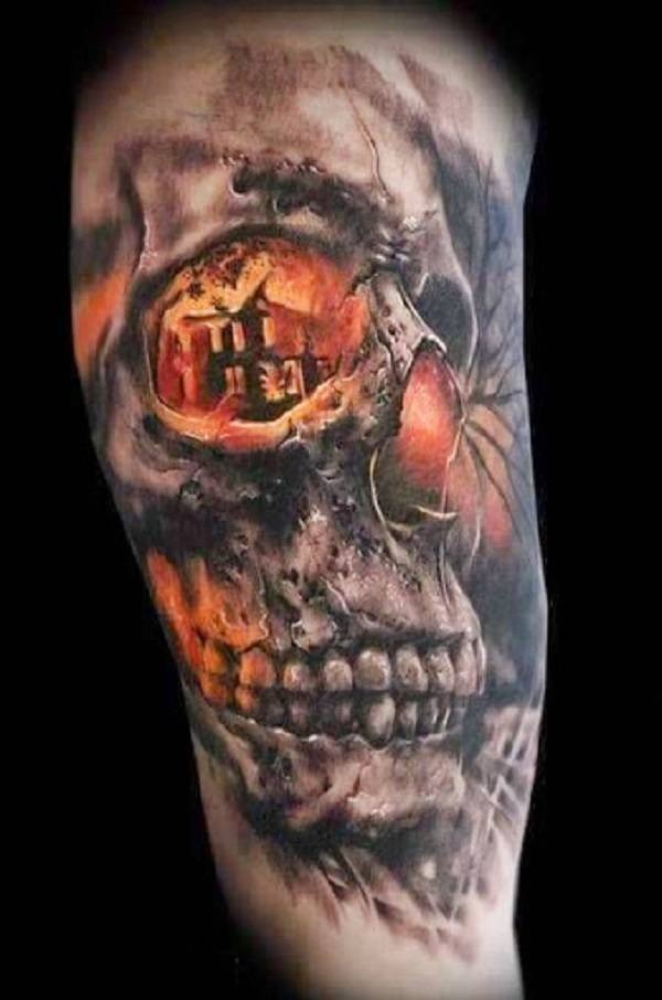 Fire, light, large skull tattoo on arm Tattoo Design