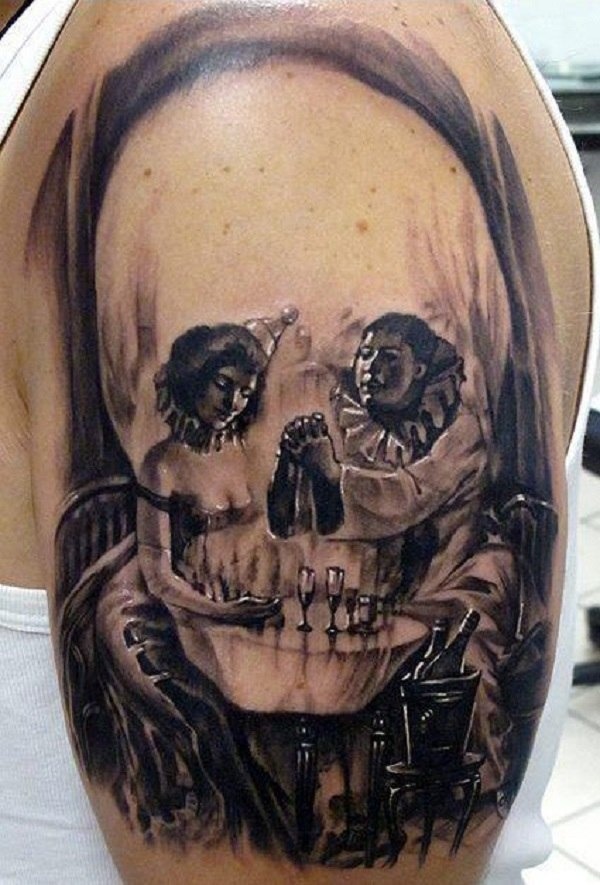 Illusion skull tattoo with clowns drinking champagne Tattoo Design