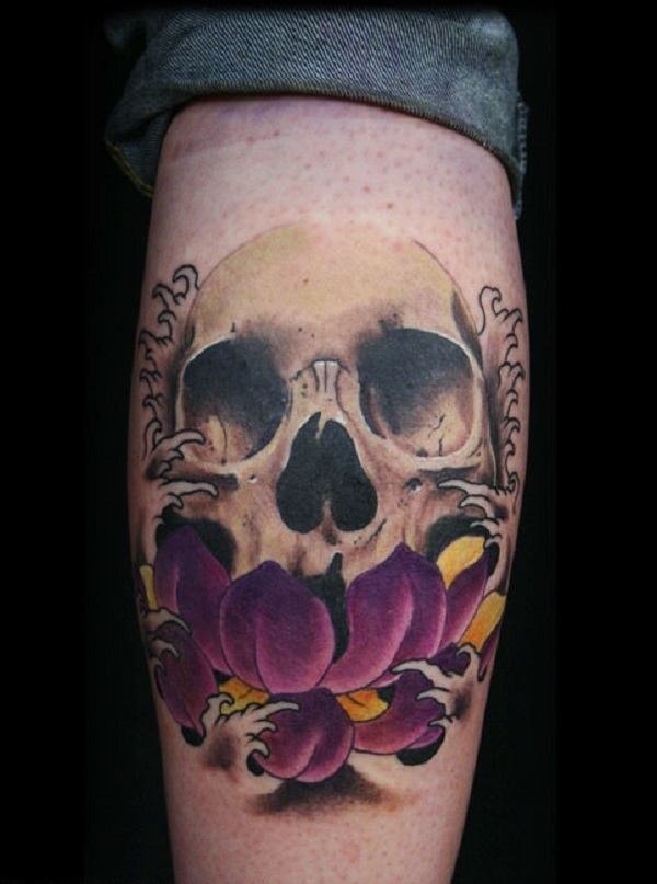 Japanese inspired sugar skull tattoo on leg Tattoo Design