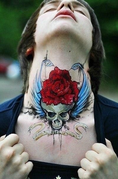 Neck tattoo: Inscribed sugar skull tattoo with a red rose Tattoo Design