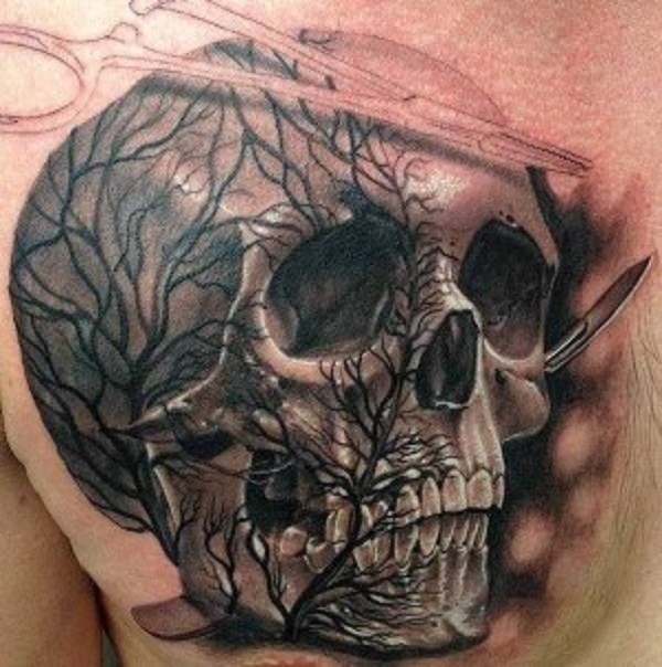Operation skull with veins on chest Tattoo Design