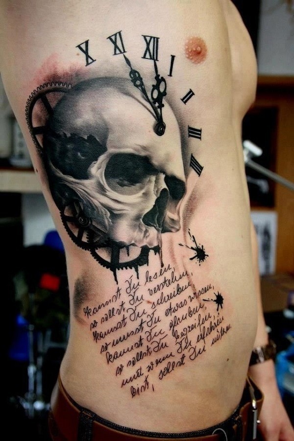 Steampunk poetic skull tattoo on the whole side of the chest Tattoo Design