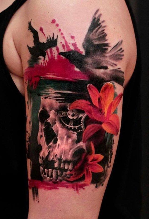 Steampunk skull tattoo with brush strokes and Hawaiian flowers Tattoo Design