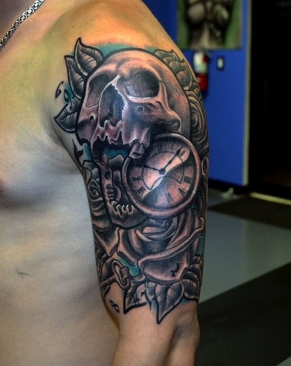Steampunk styled, detailed skull tattoo on arm Tattoo Design
