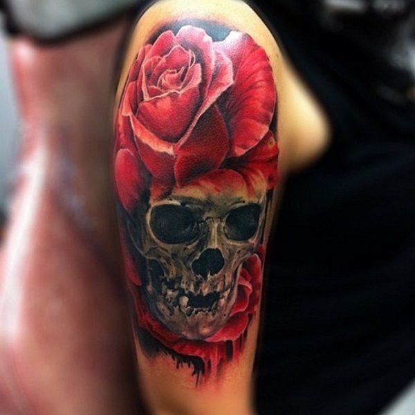 Stunning and realisticarm tattoowith a rose and a skull Tattoo Design