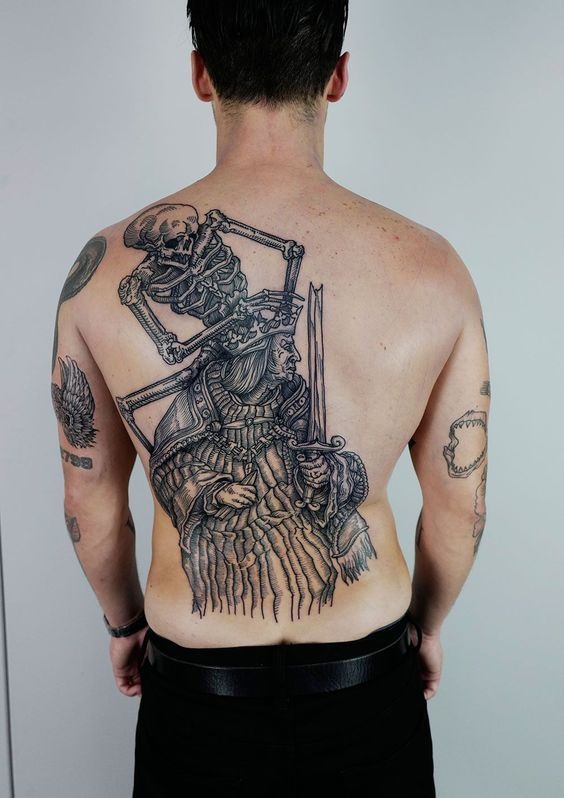The design centers on medieval warrior meets death imagery that reads clearly at a glance.