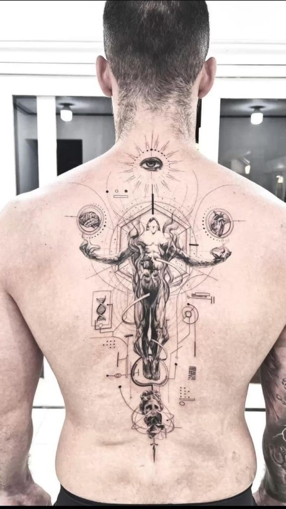 The design centers on the vitruvian reimagined imagery that reads clearly at a glance.
