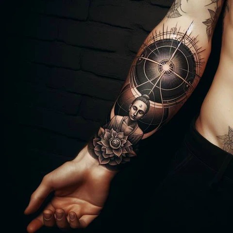 Buddha and Lotus Tattoo with Geometric Patterns Tattoo Design