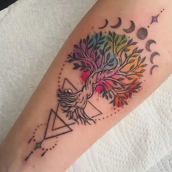 Colorful Tree of Life and Moon Phases Tattoo Design