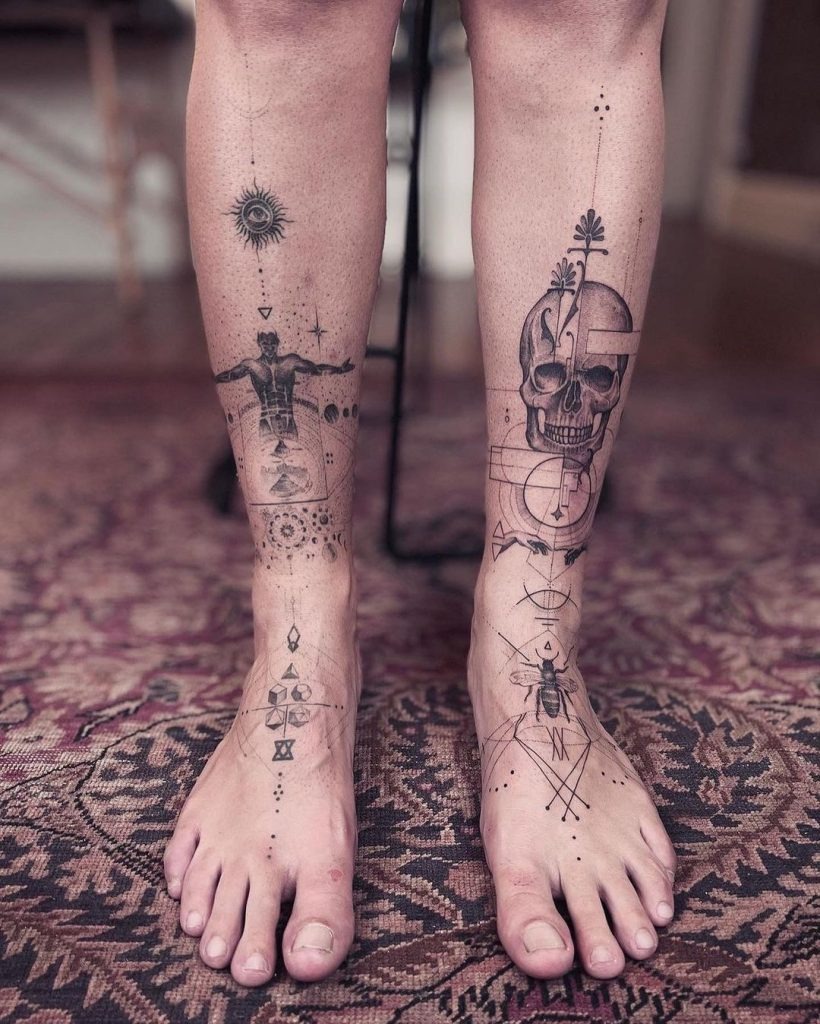 Dual Leg Tattoos: Cosmic and Skull Motifs Tattoo Design
