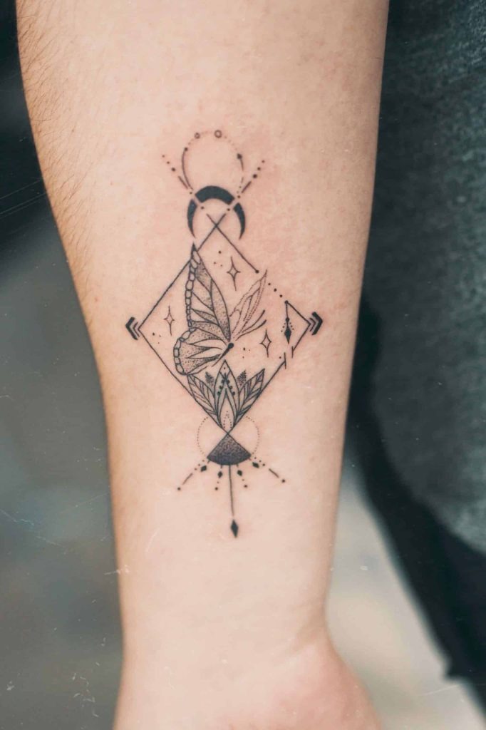 Geometric Butterfly and Lotus Fusion Tattoo Design