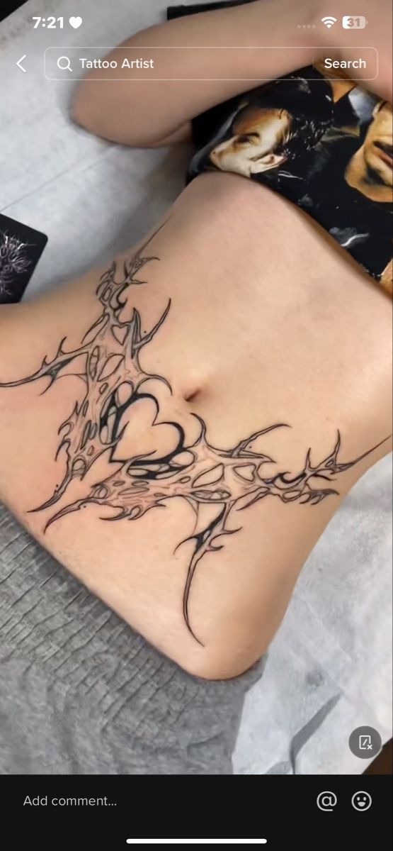 Abstract Heart Web Across the Stomach Tattoo Design