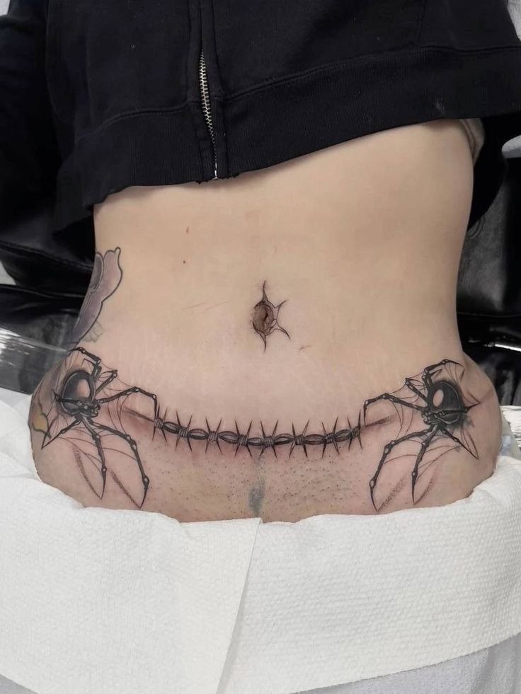 Barbed Wire Stitch and Spider Lower Belly Tattoo Design