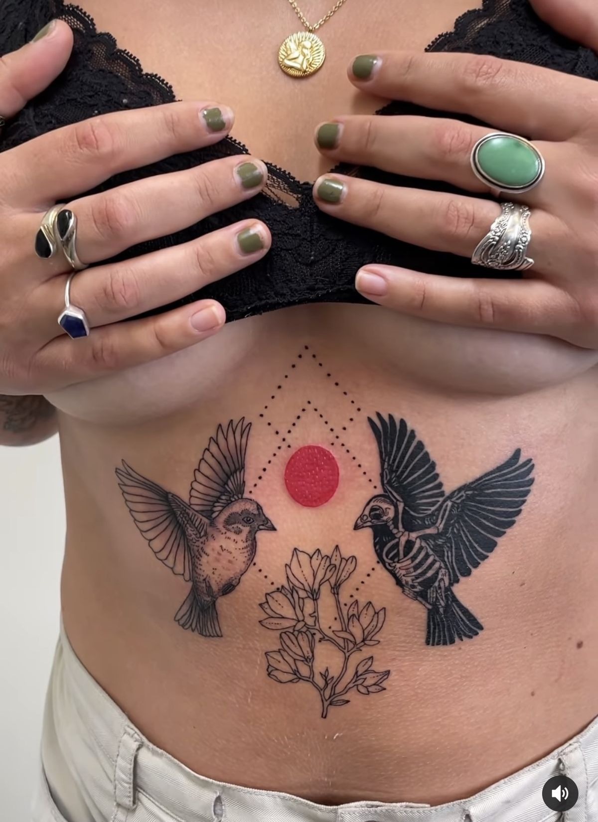 Geometric Birds and Red Sun Centerpiece Tattoo Design
