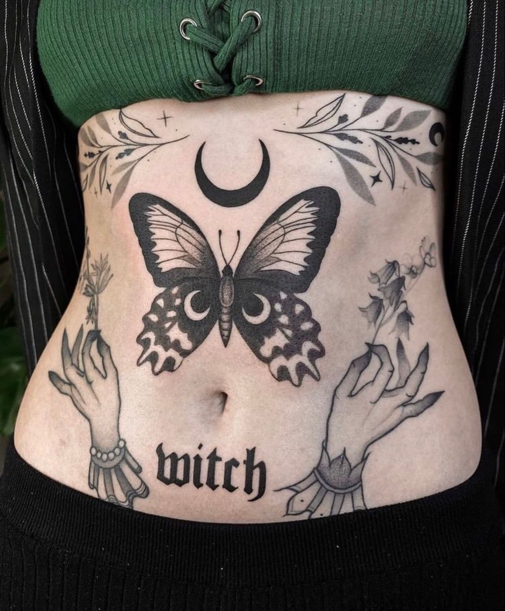Gothic Butterfly and Witch Wordmark Stomach Piece Tattoo Design