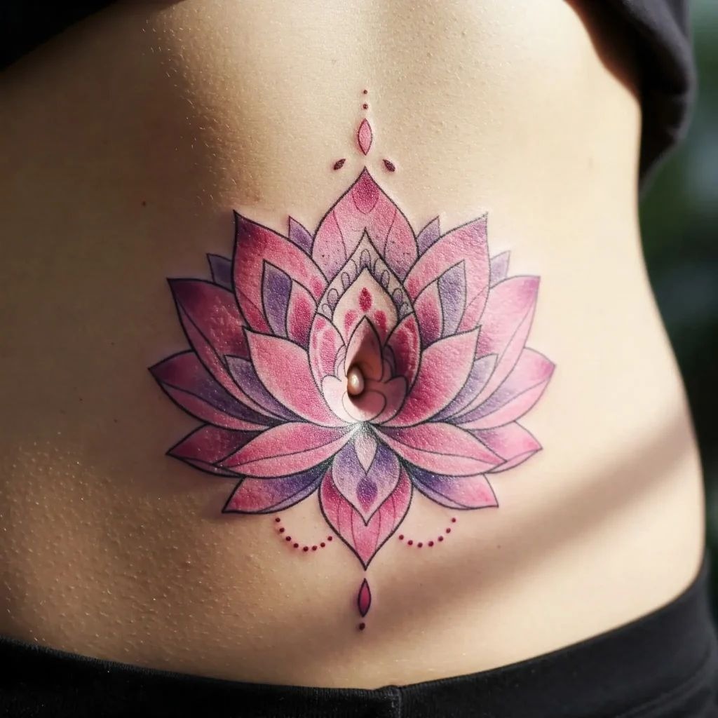 Lotus Bloom Centered on the Belly Button Tattoo Design