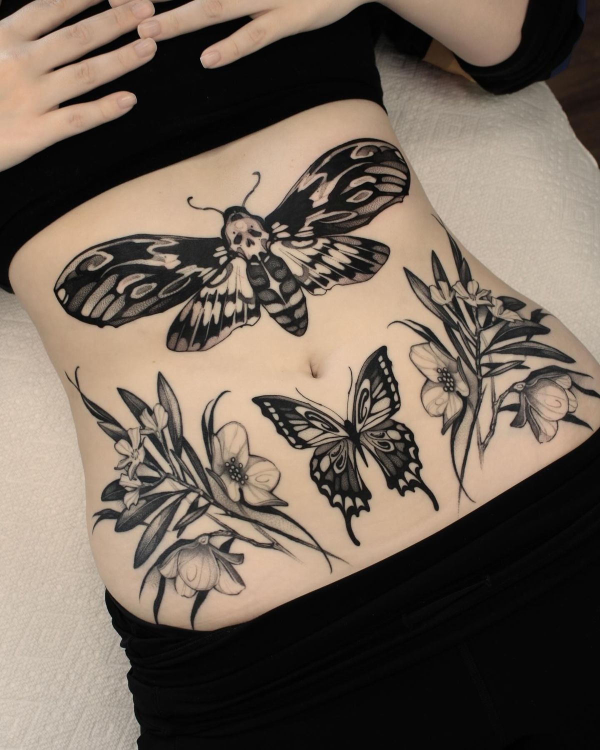 Moth and Butterfly With Florals Tattoo Design