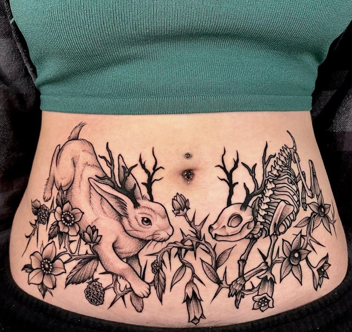 Rabbit and Skeleton Rabbit Story Scene Tattoo Design