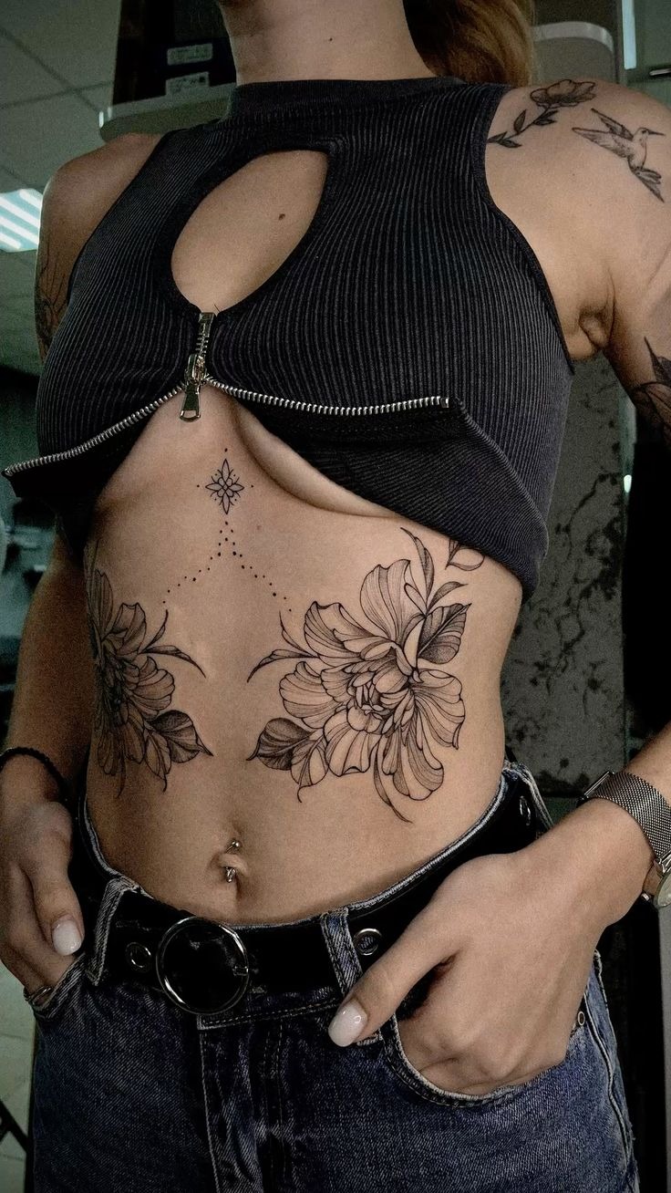 Side-of-Stomach Florals with Geometric Dotwork Tattoo Design