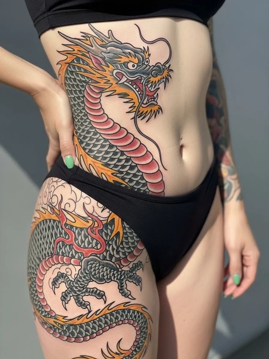 Traditional Japanese Dragon Wrap Tattoo Design