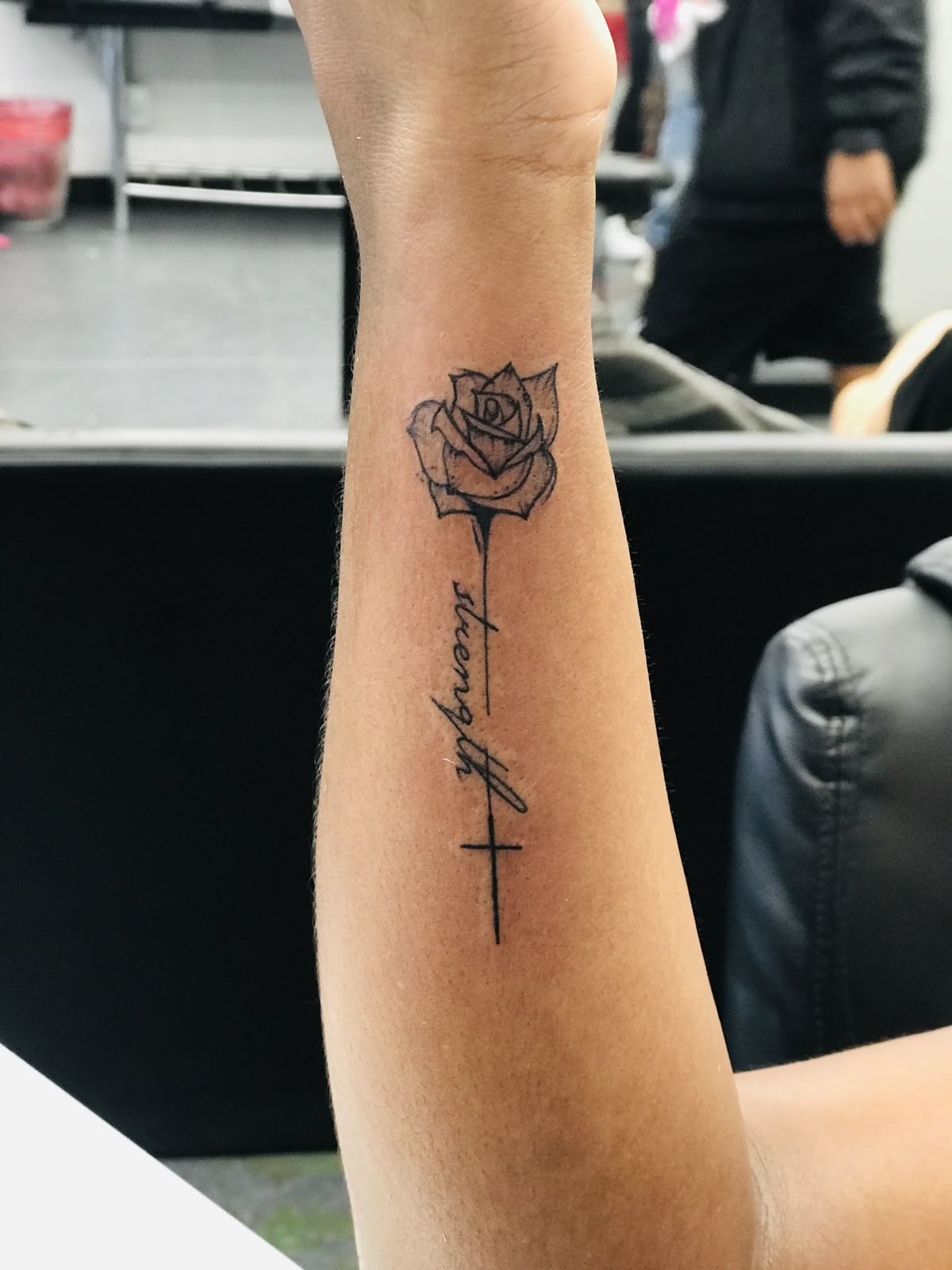 Rose and Cross Strength Tattoo, a tattoo design rendered in clean detailed linework.