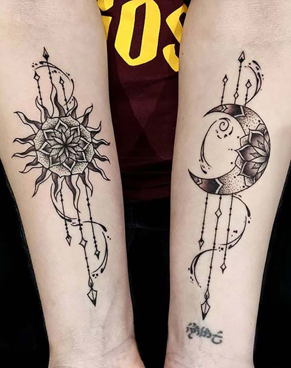 Arrowed Emblem with Whimsical Sun and Moon Tattoo Design