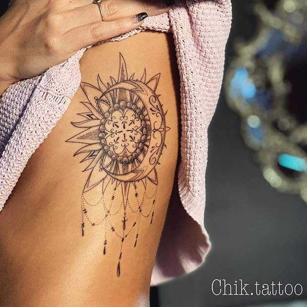 Beaded Sun and Moon Dreamcatcher Flower Tattoo Design