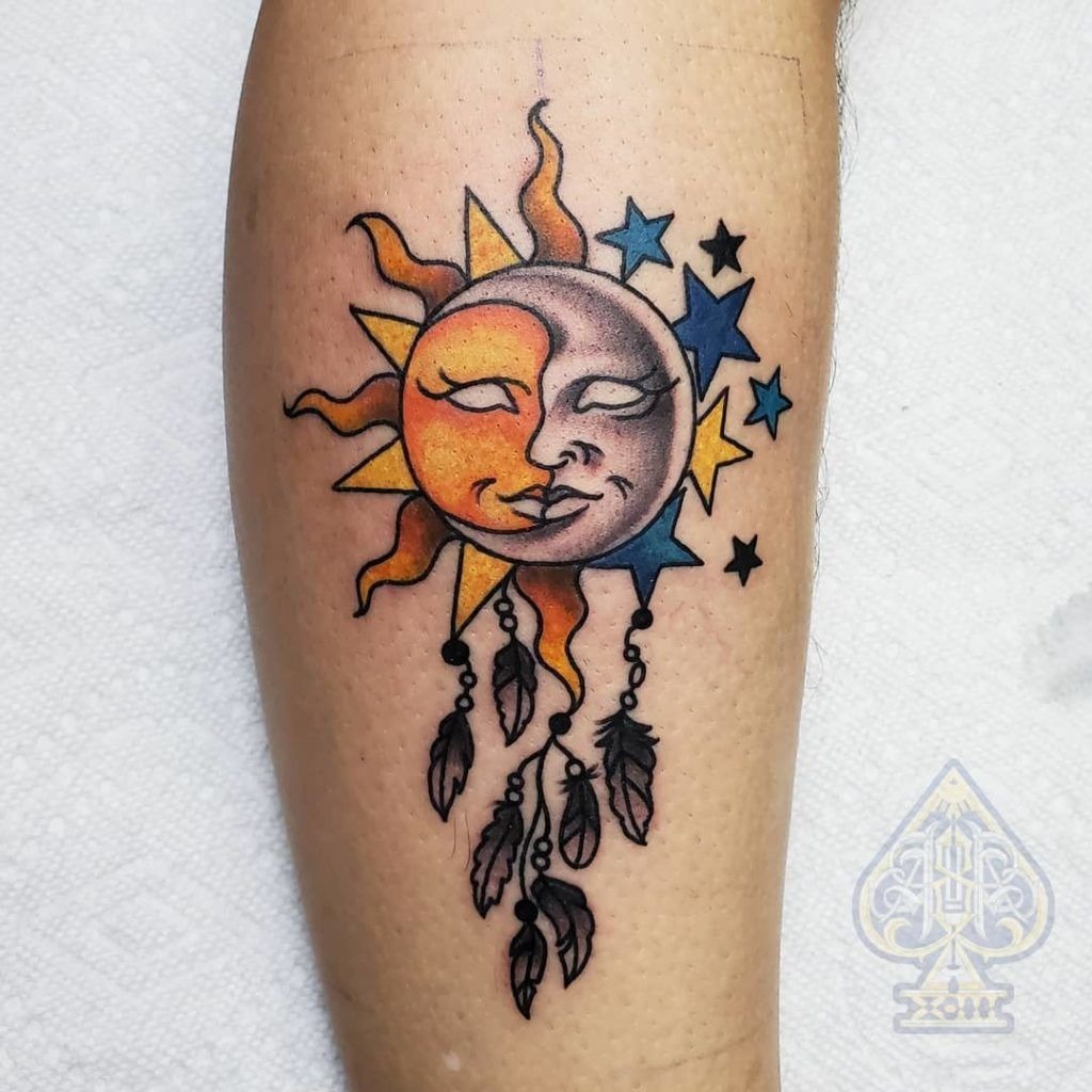 Blue and Yellow Sun and Moon Dreamcatcher for a Fantasy Lover Tattoo Design