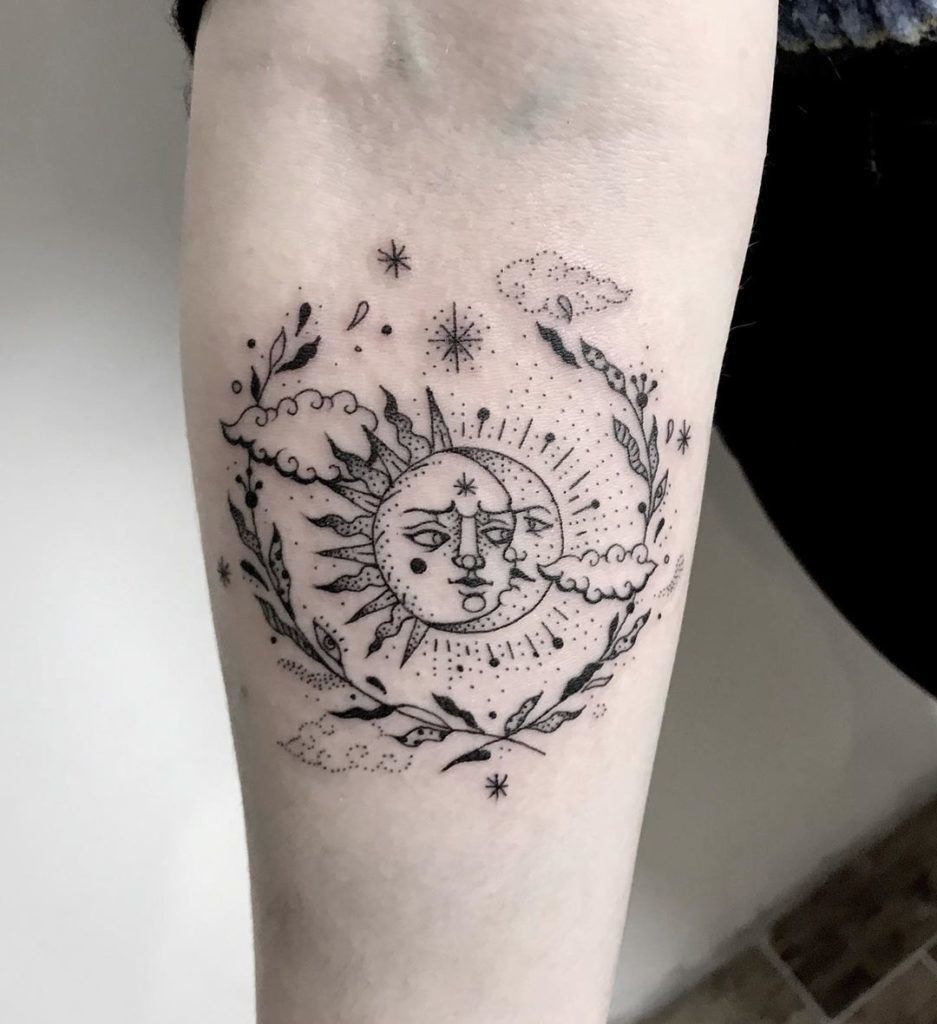 Elaborate Gaze of the Sun and Moon Floral Design Tattoo Design