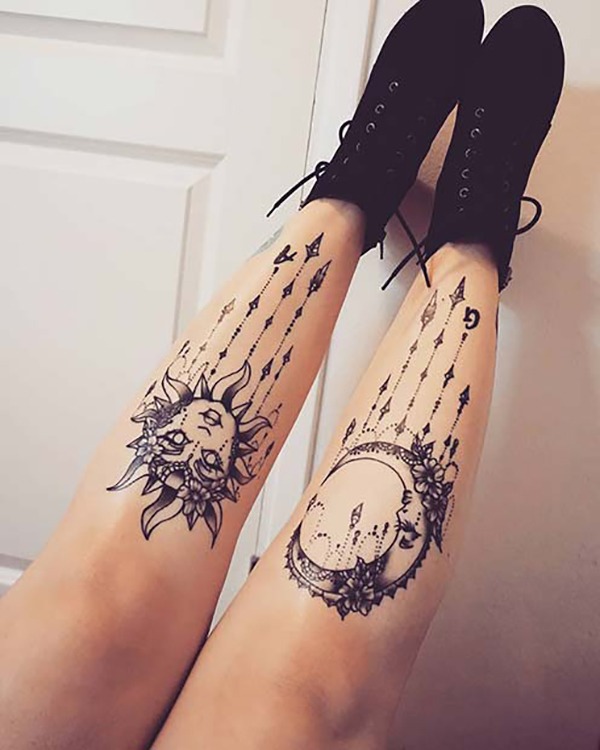 Elaborate Sun and Moon Pendulum to Show Off Your Legs Tattoo Design